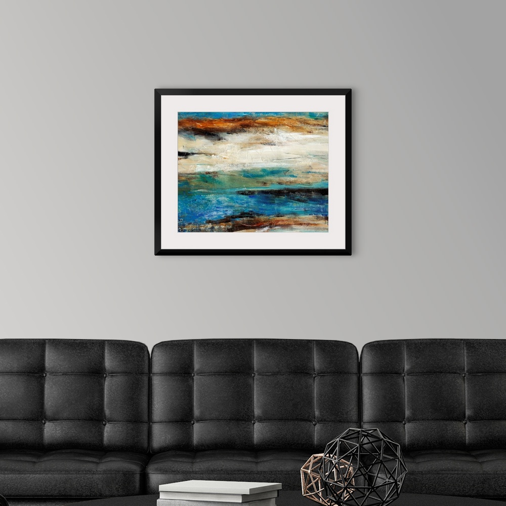 A modern room featuring Contemporary abstract art using cool tones mixed with earth tones in a horizontal formation.