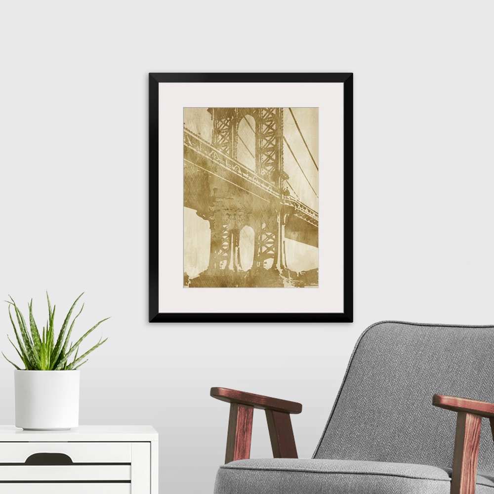 A modern room featuring Vertical wall art for the home or office of a latticed iron work tower on a suspension bridge ill...