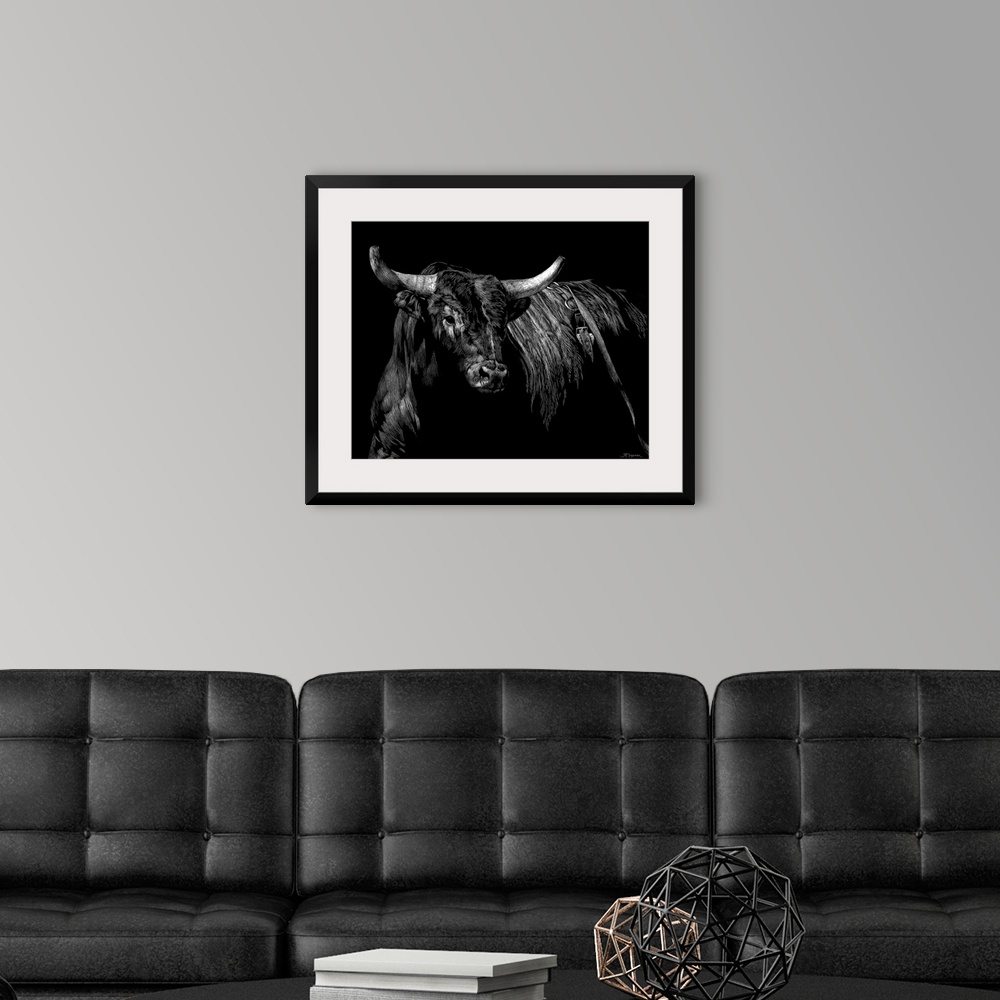 A modern room featuring Horizontal artwork on a big wall hanging of a sketched brindle rodeo bull, looking forward, on a ...