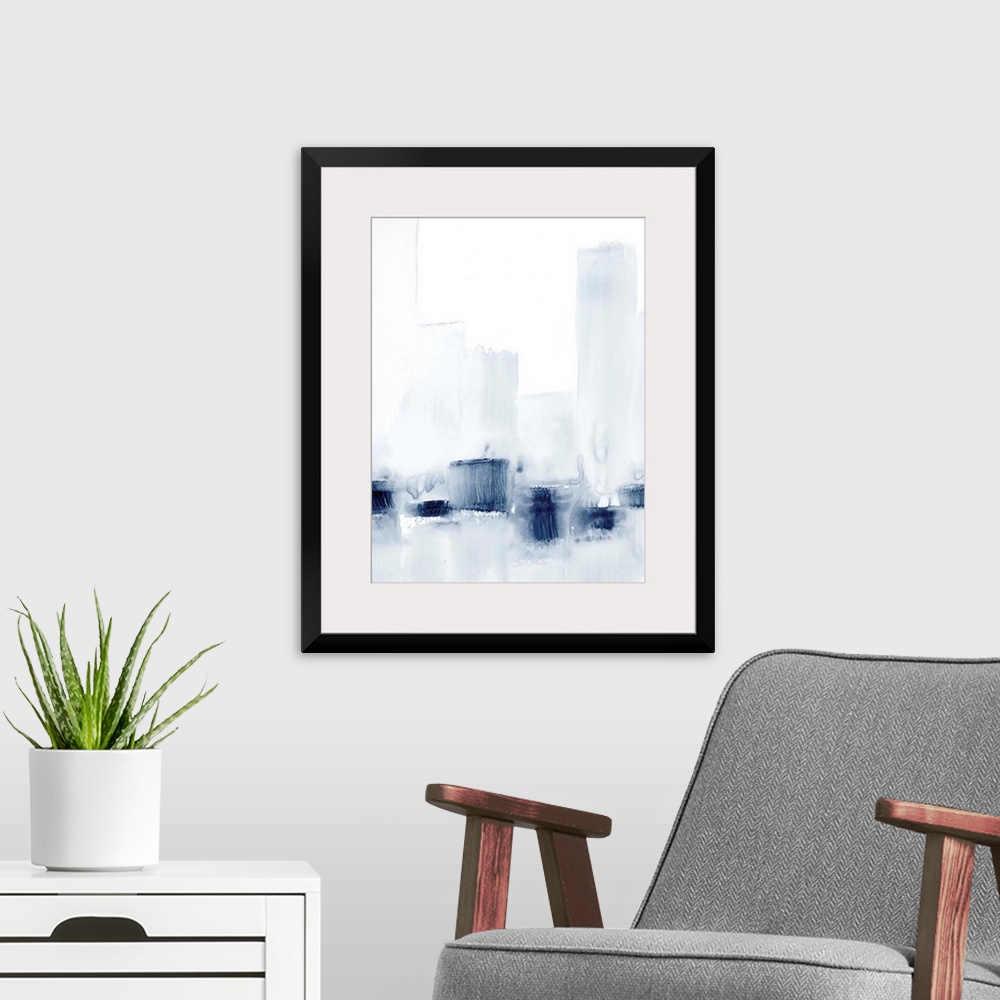 A modern room featuring Abstract watercolor cityscape.