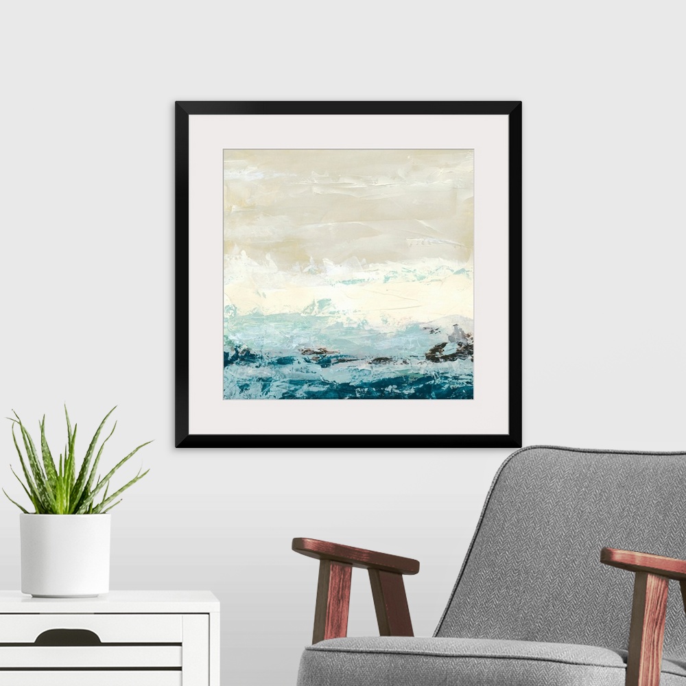 A modern room featuring Square abstract painting of an ocean made up of large brush strokes.