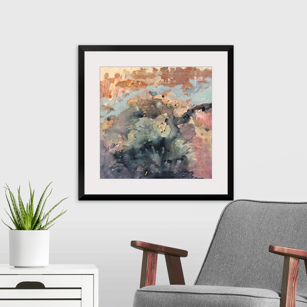A modern room featuring Square abstract painting in blended colors of brown, pink, blue and gray with gold accents overla...