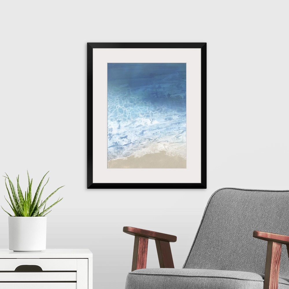 A modern room featuring Contemporary painting of ocean waves hitting the shore.