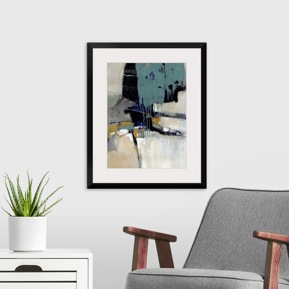 A modern room featuring Contemporary artwork with layers of dripping paint and overlapping abstract shapes.