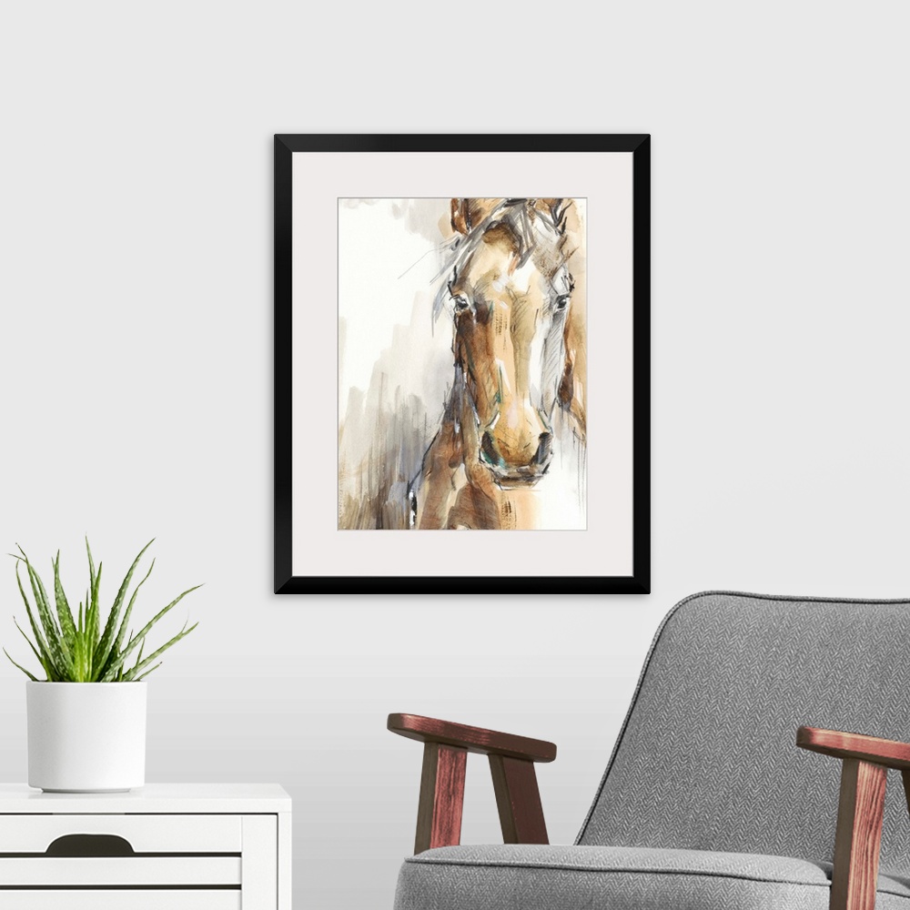A modern room featuring Beautiful artwork of a tan horse in a loose, sketchy, watercolor style. This elegant image would ...