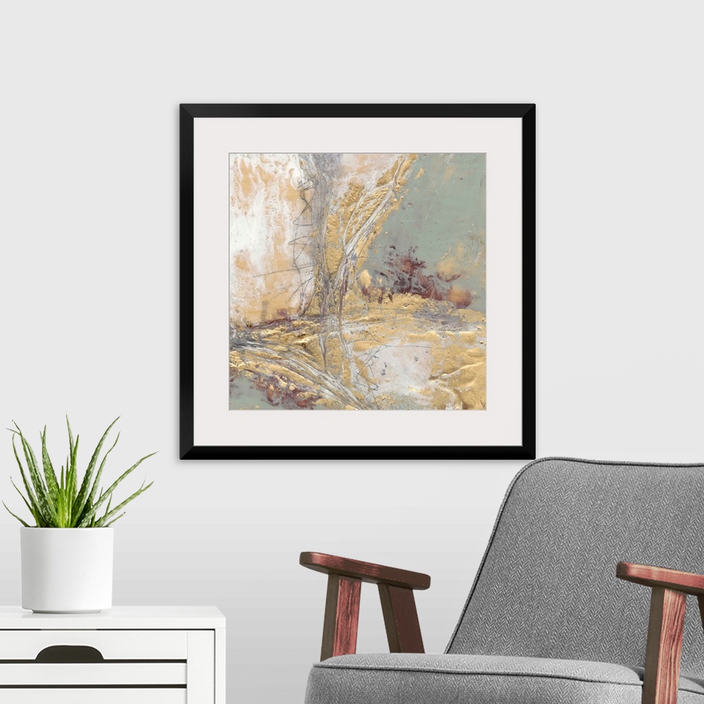 A modern room featuring Contemporary abstract painting with gold and grey.