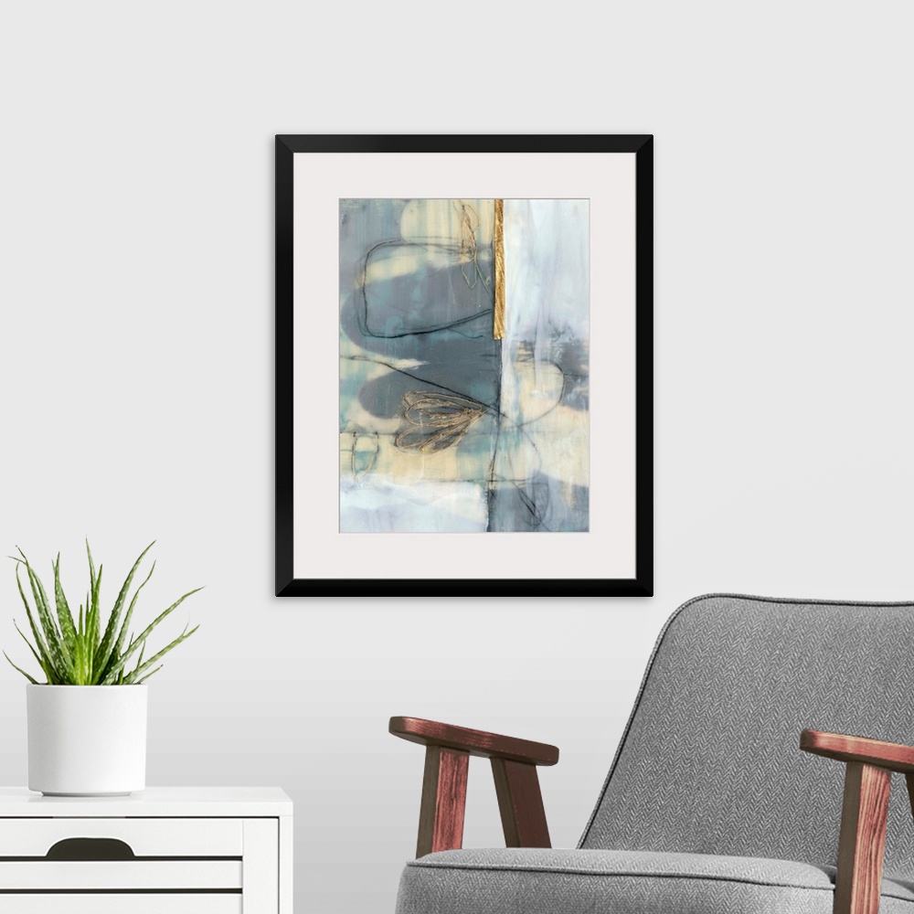 A modern room featuring Whimsical contemporary abstract collage in grey-blue and gold.