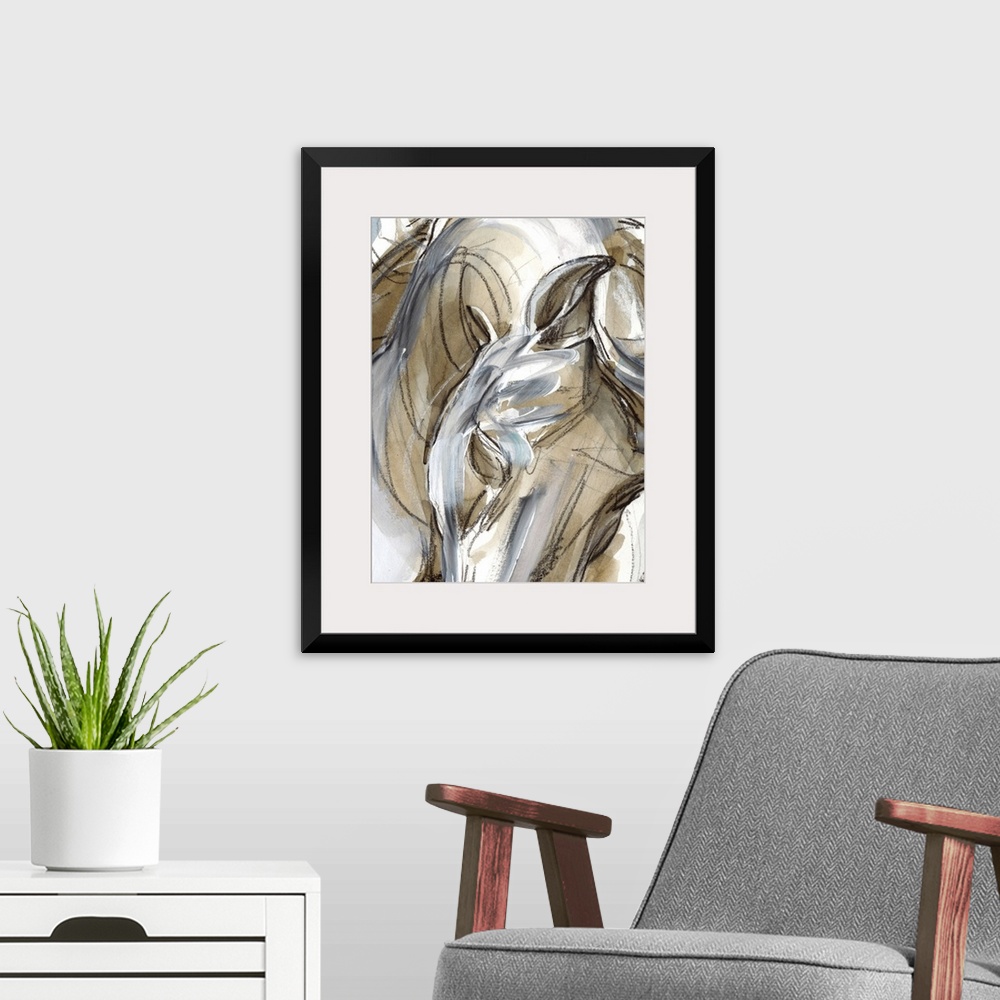 A modern room featuring Abstract figurative painting of the close up view of a horse done in brown and white paint with s...