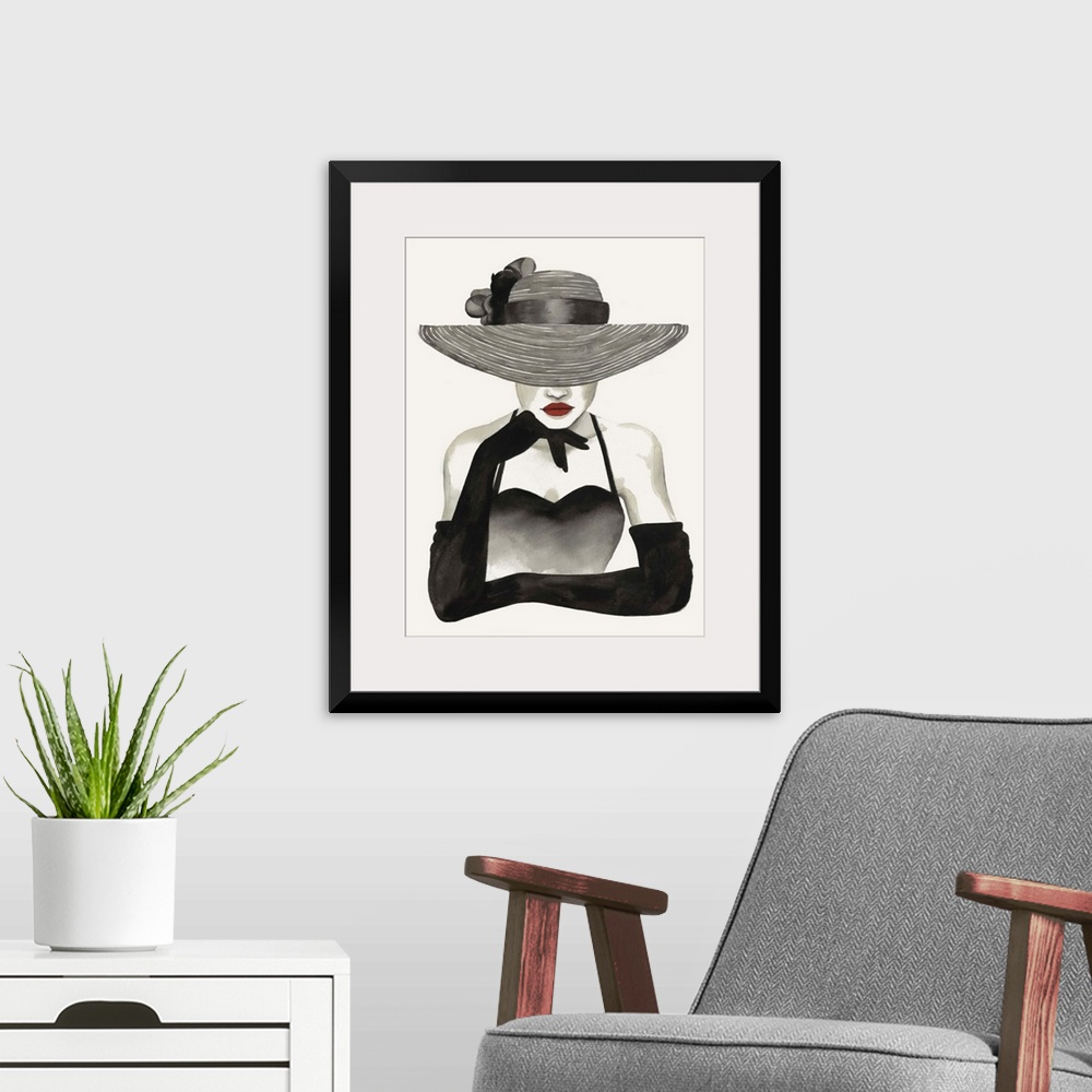 A modern room featuring Fashion docor image of a slender woman wearing elbow length black gloves and a large straw hat. H...