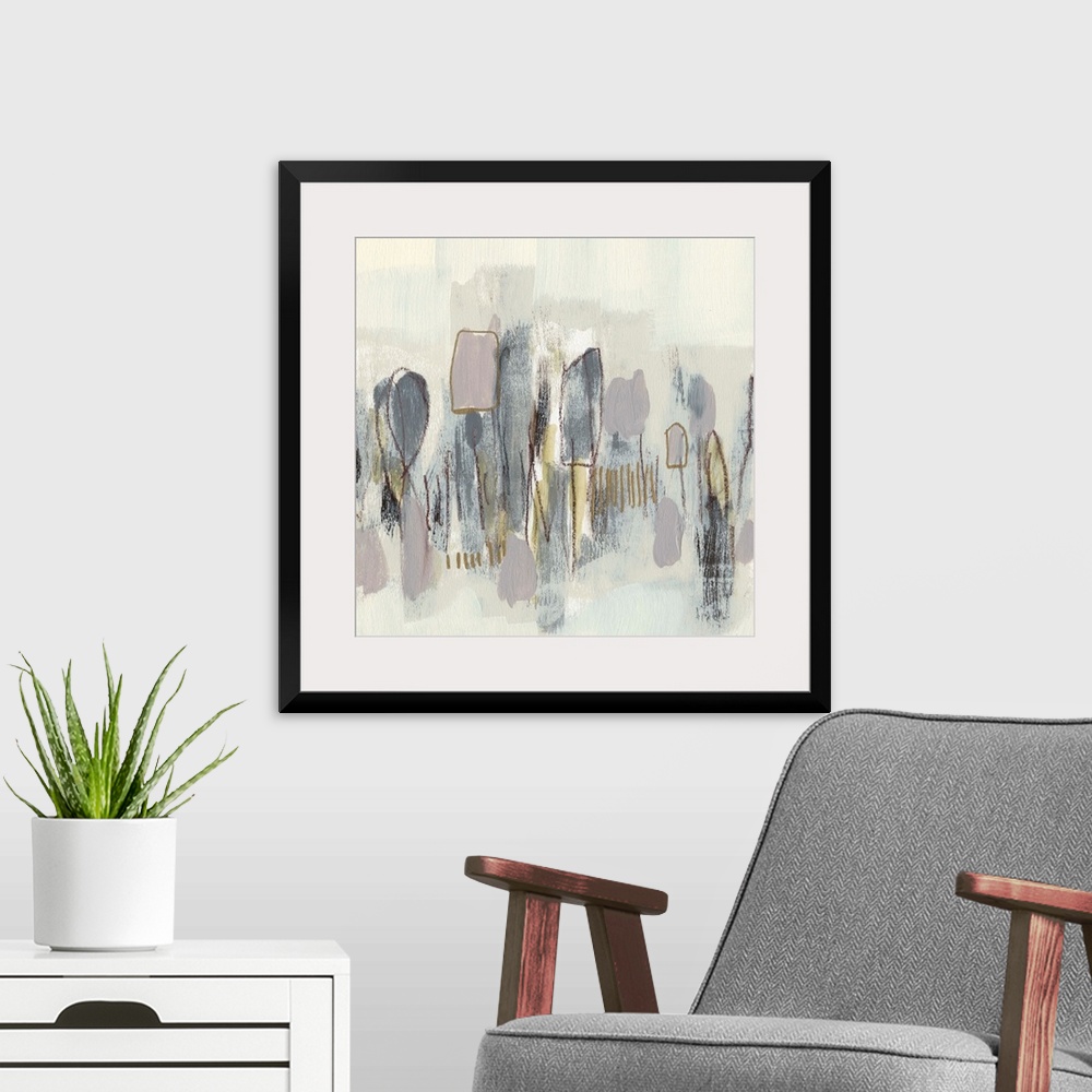 A modern room featuring Neutral-toned contemporary painting of abstract shapes.