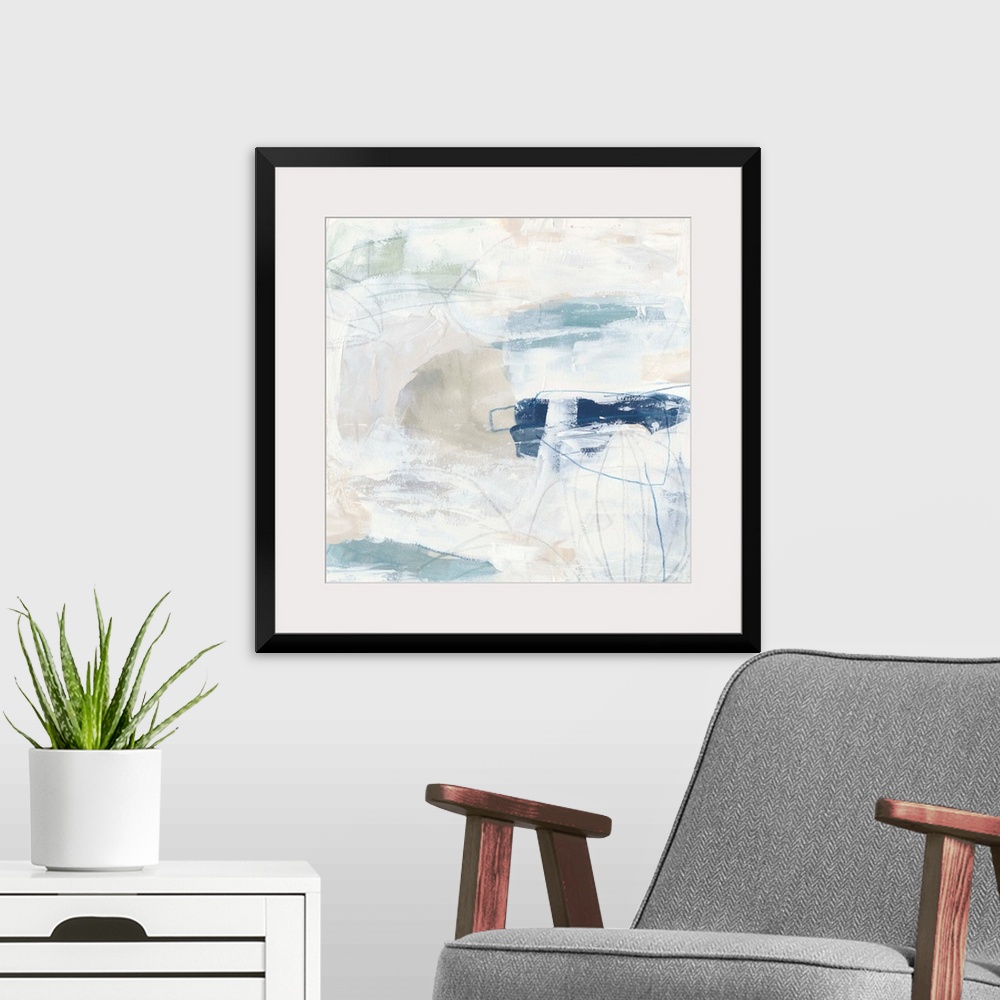 A modern room featuring White, pale blue, and neutral browns come together to construct this abstract painting reminiscen...