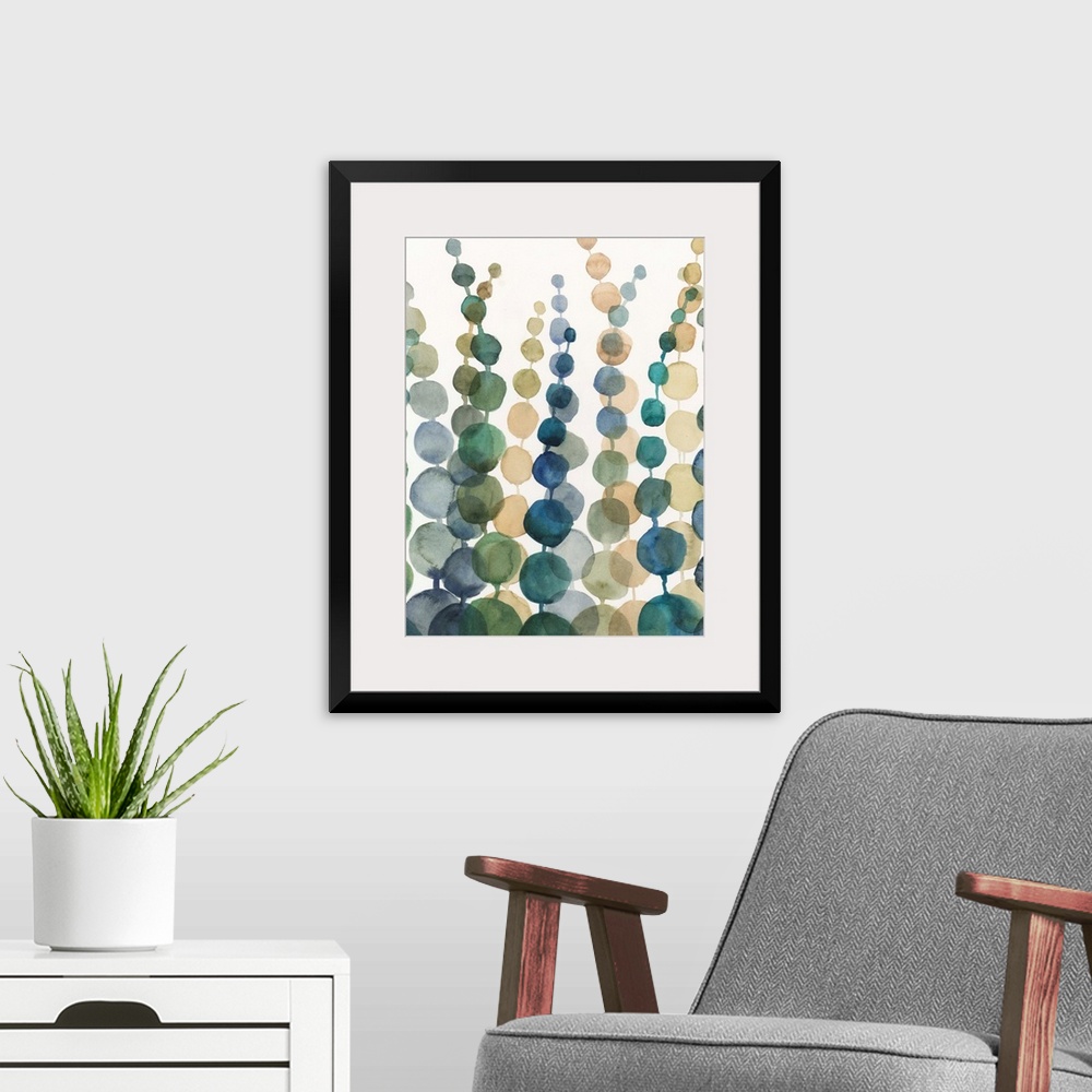 A modern room featuring An abstracted floral image that resembles grasses or wildflowers swaying in the breeze. The simpl...