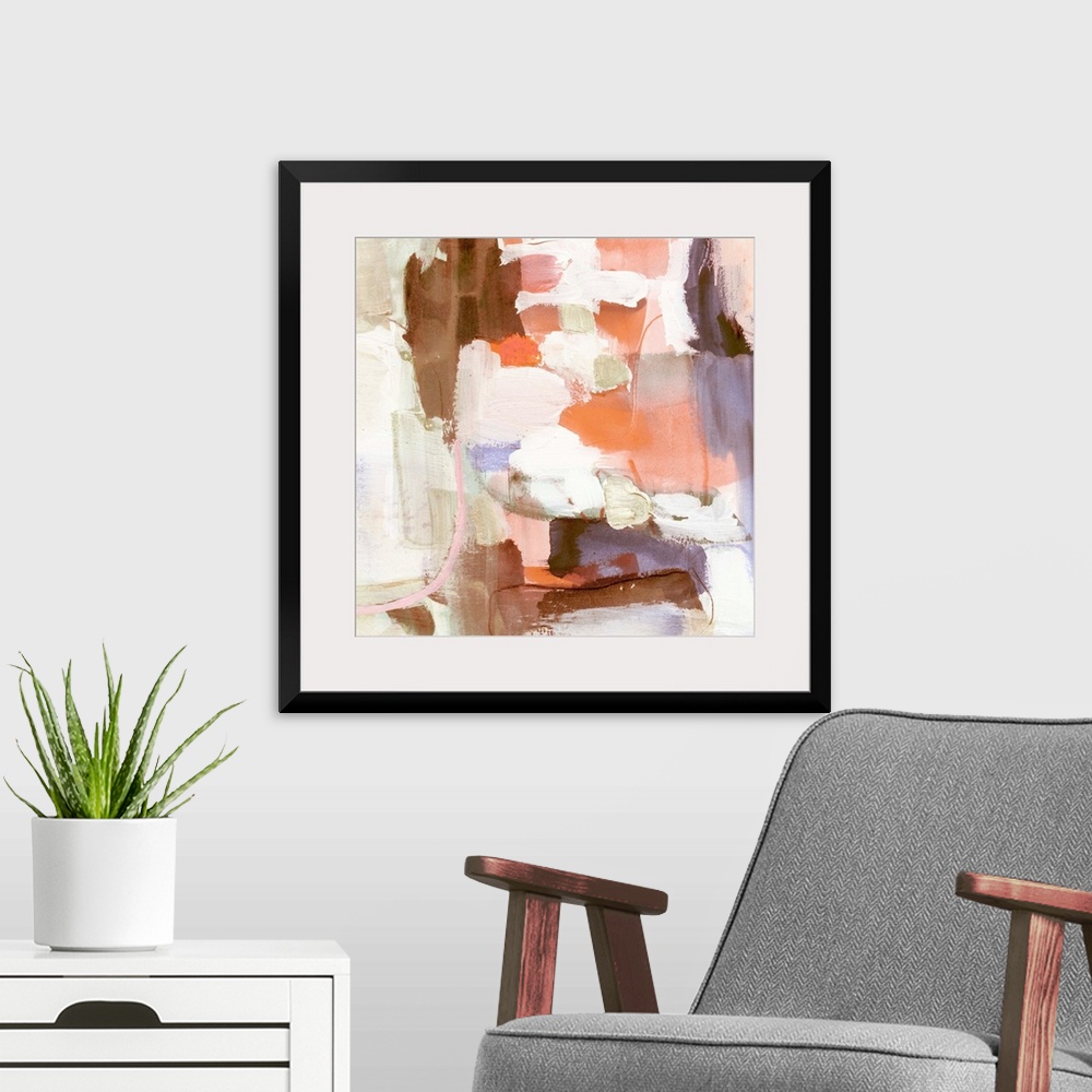A modern room featuring Square abstract painting in shades of brown, orange, pink, purple and cream.