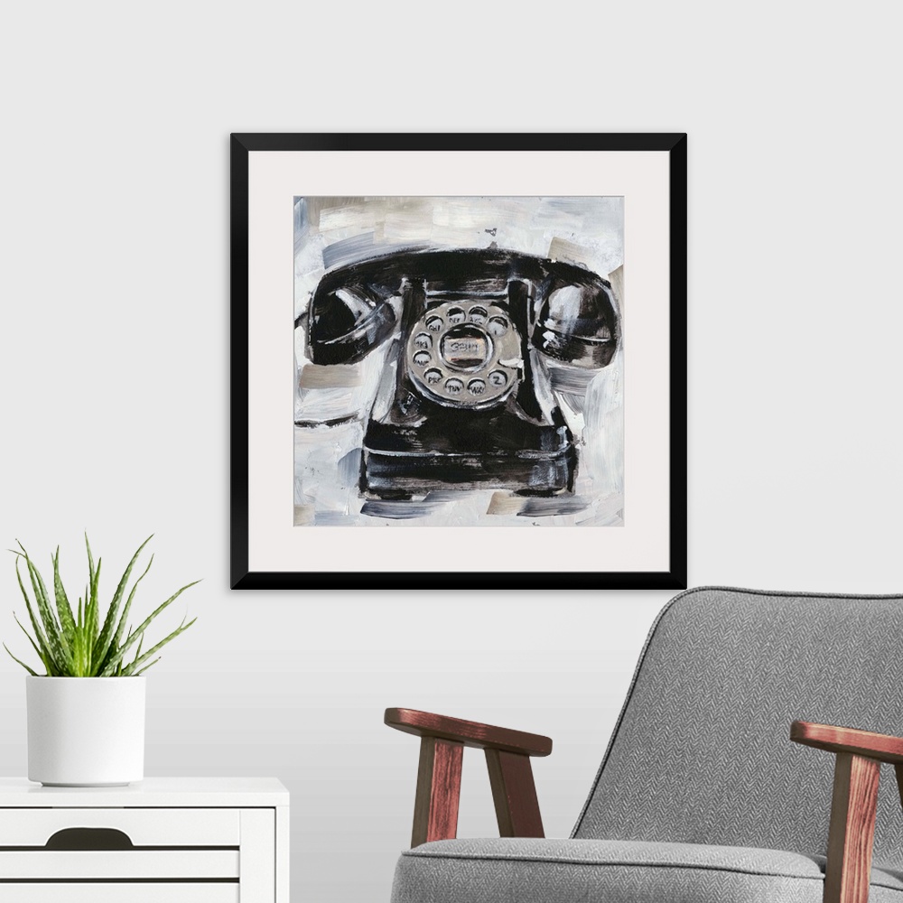 A modern room featuring Fun contemporary painting of a retro rotary phone on a neutral background.