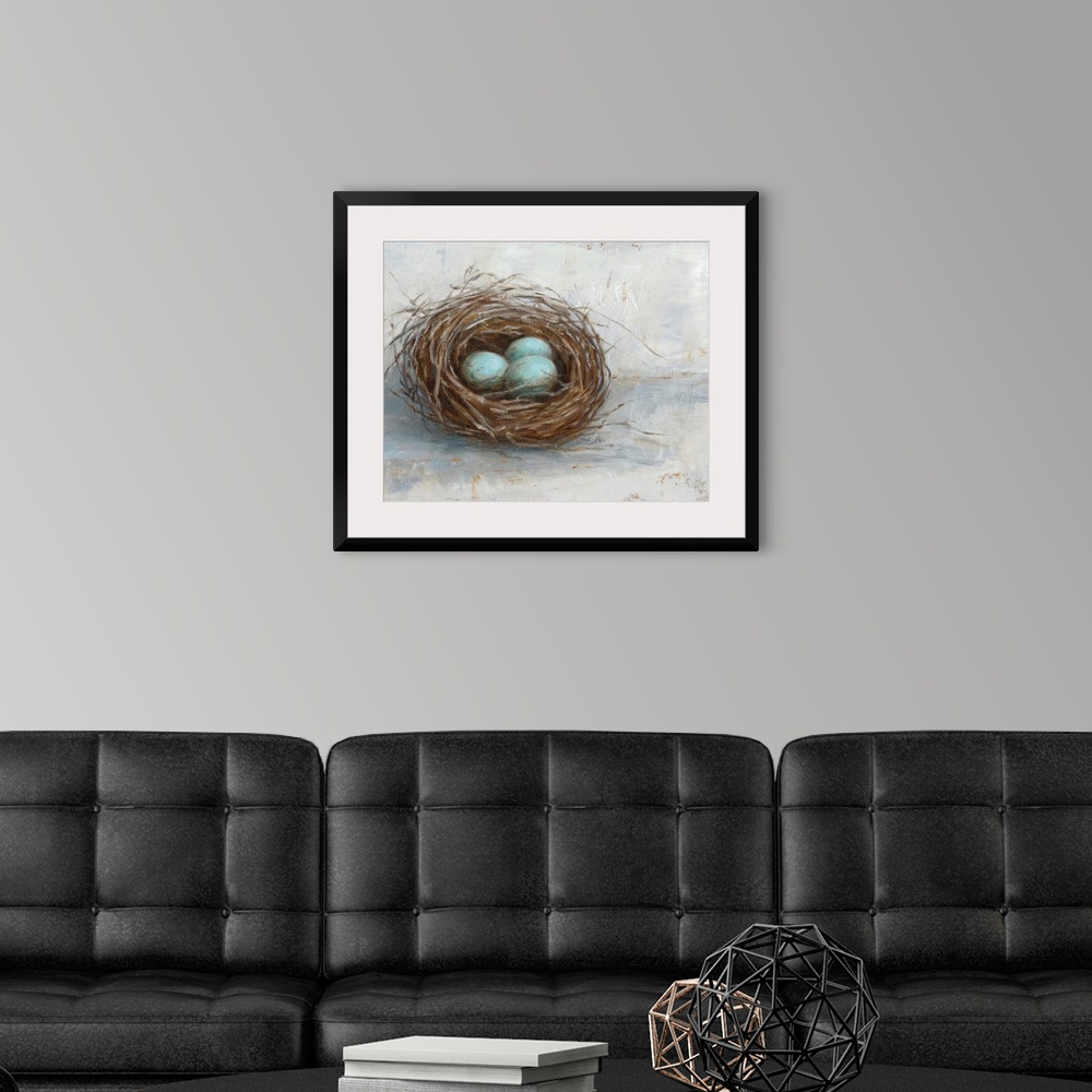 A modern room featuring Blue eggs resting in a nest against a distressed light background fills this rustic artwork.
