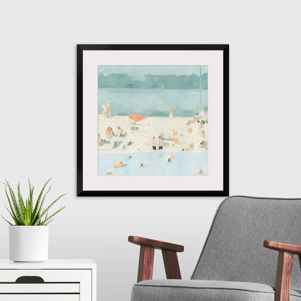 A modern room featuring A chunky, abstracted painting of beach goers on a sandbar, painted in a pleasing palette of bluei...