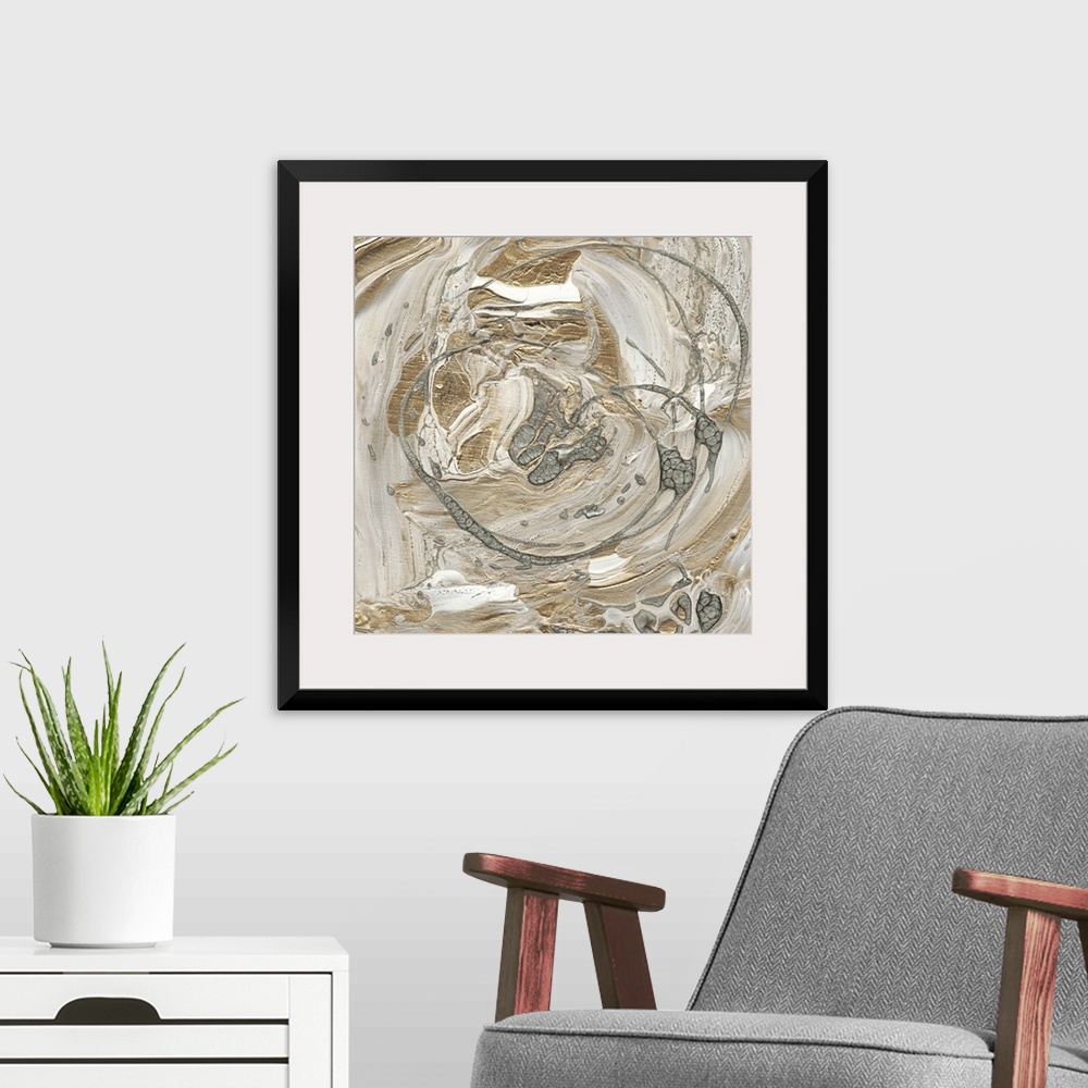 A modern room featuring Abstract painting of swirls of white, gray and gold with drips of overlapping silver.