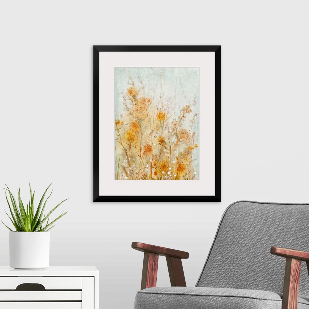 A modern room featuring Contemporary painting of pale orange and yellow flowers.