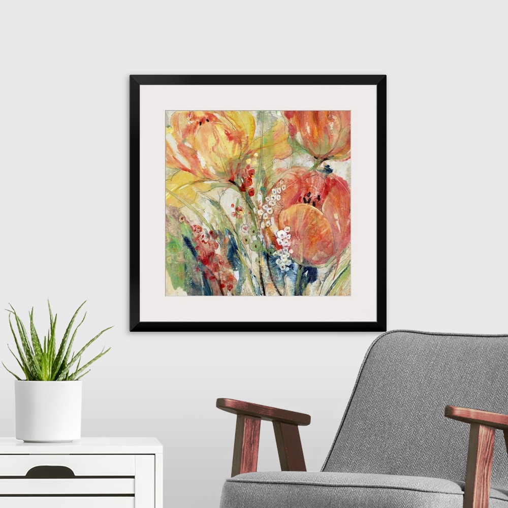 A modern room featuring Contemporary abstract painting of orange and yellow tulips blooming in spring.