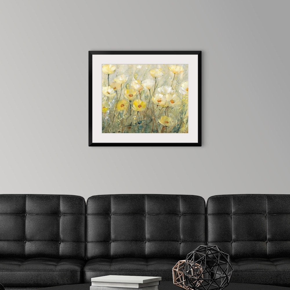 A modern room featuring Contemporary painting of several yellow flowers growing in a field.