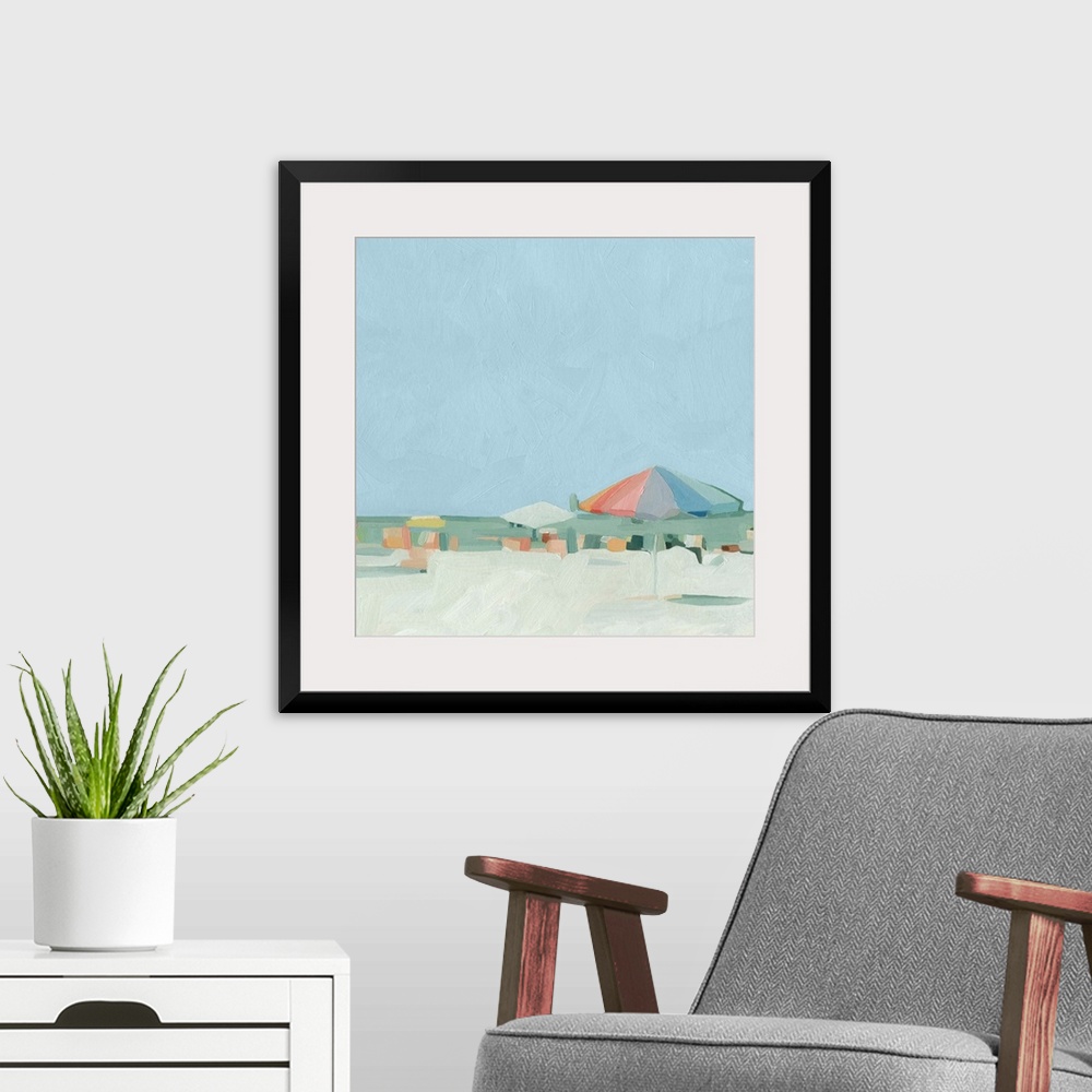 A modern room featuring Abstracted beach scene in pastel colors.