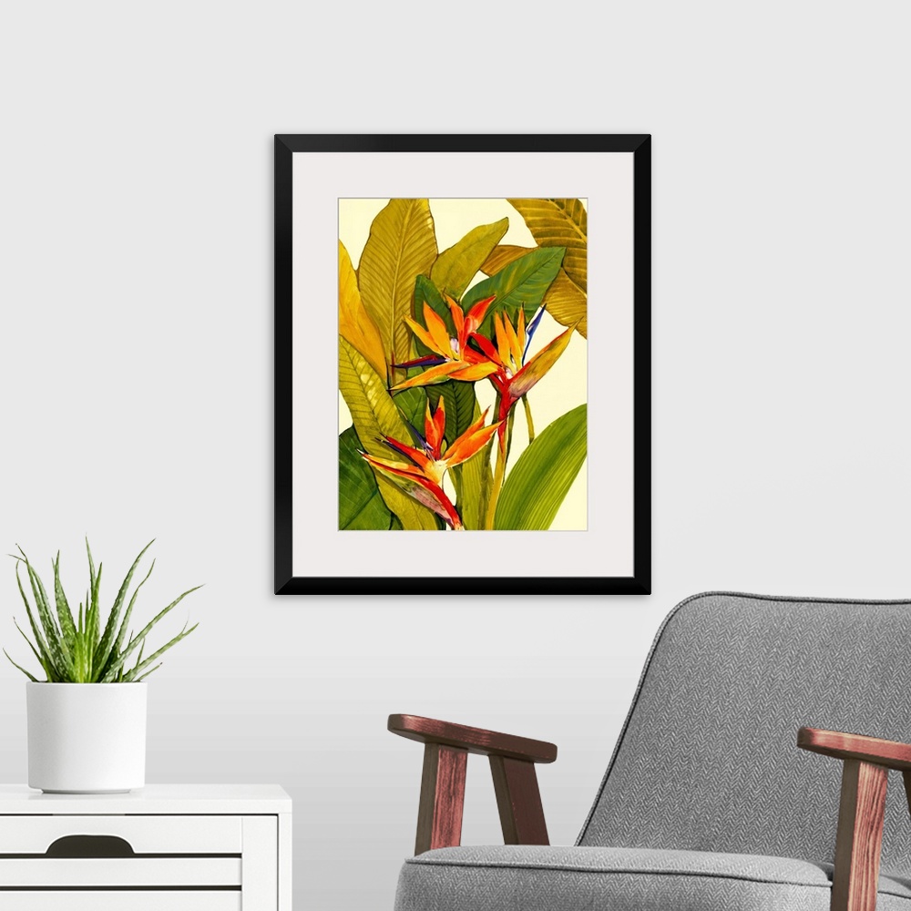 A modern room featuring A painting by a contemporary artist of tropical plants and flowers against blank backdrop in this...