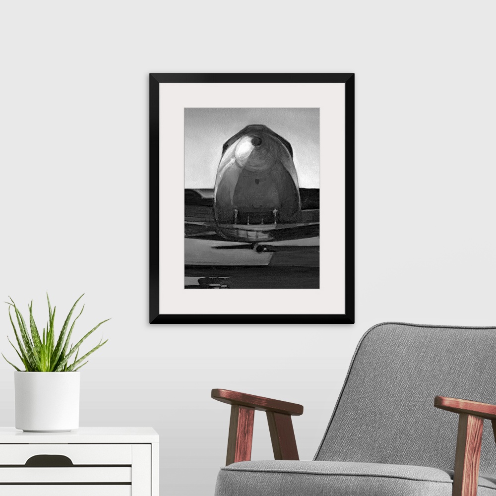A modern room featuring Big canvas print of an illustration of an antiqued airplane.