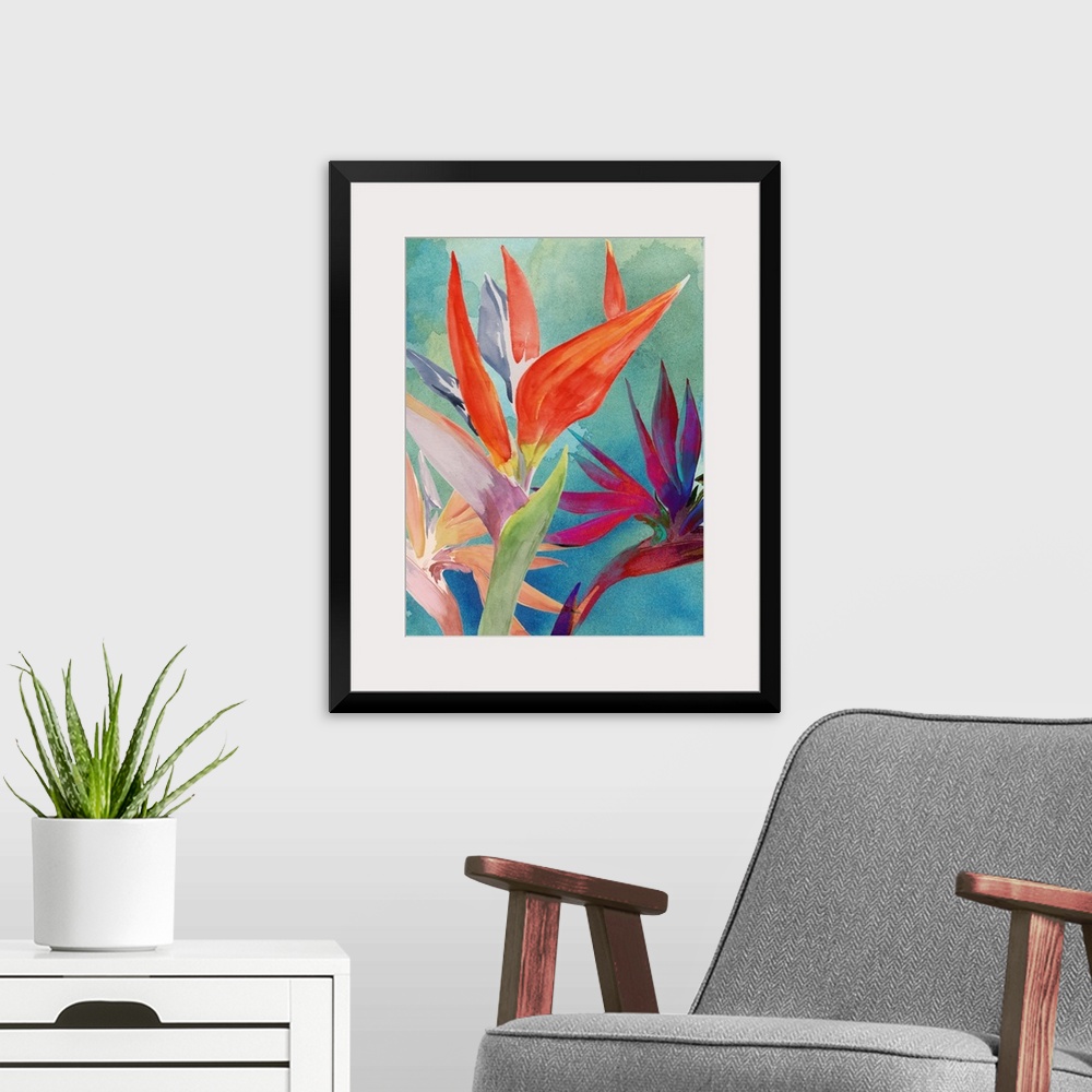 A modern room featuring Vivid Birds of Paradise I