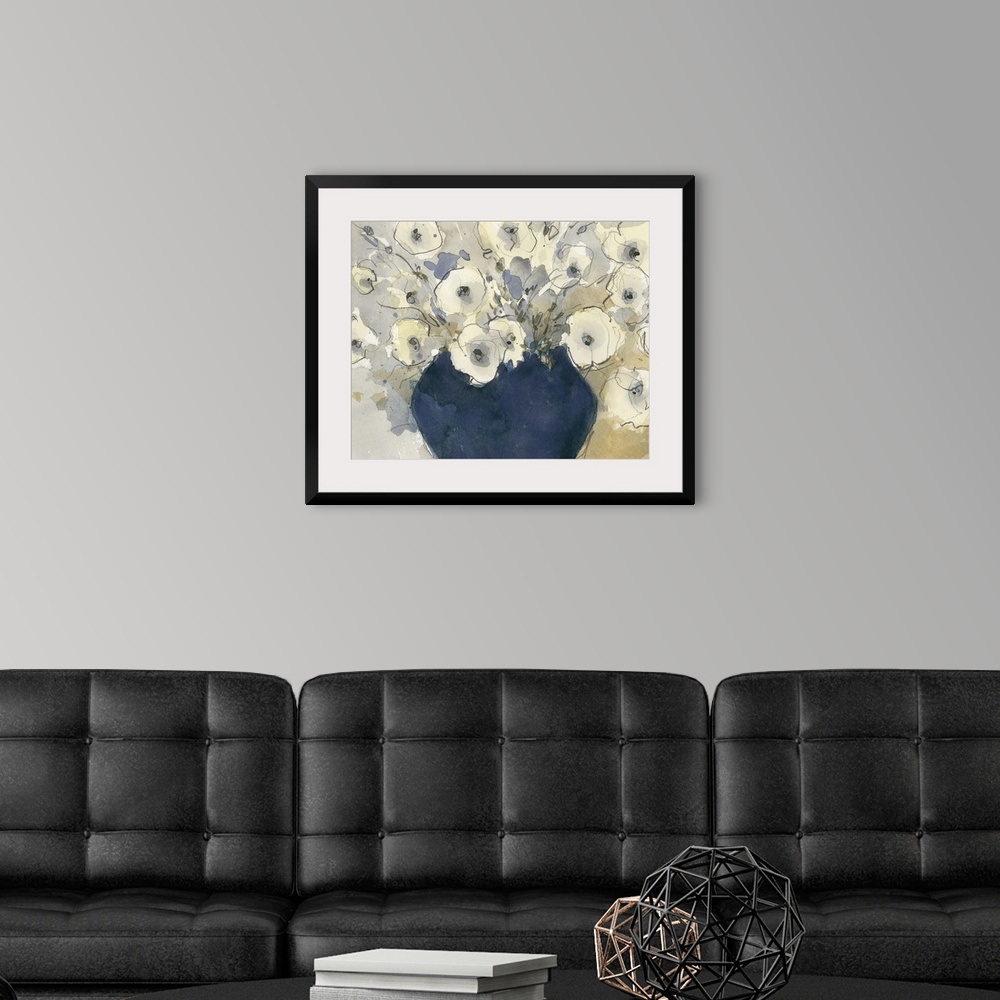 A modern room featuring Muted watercolor painting of a vase full of flowers with fine outlines in black.