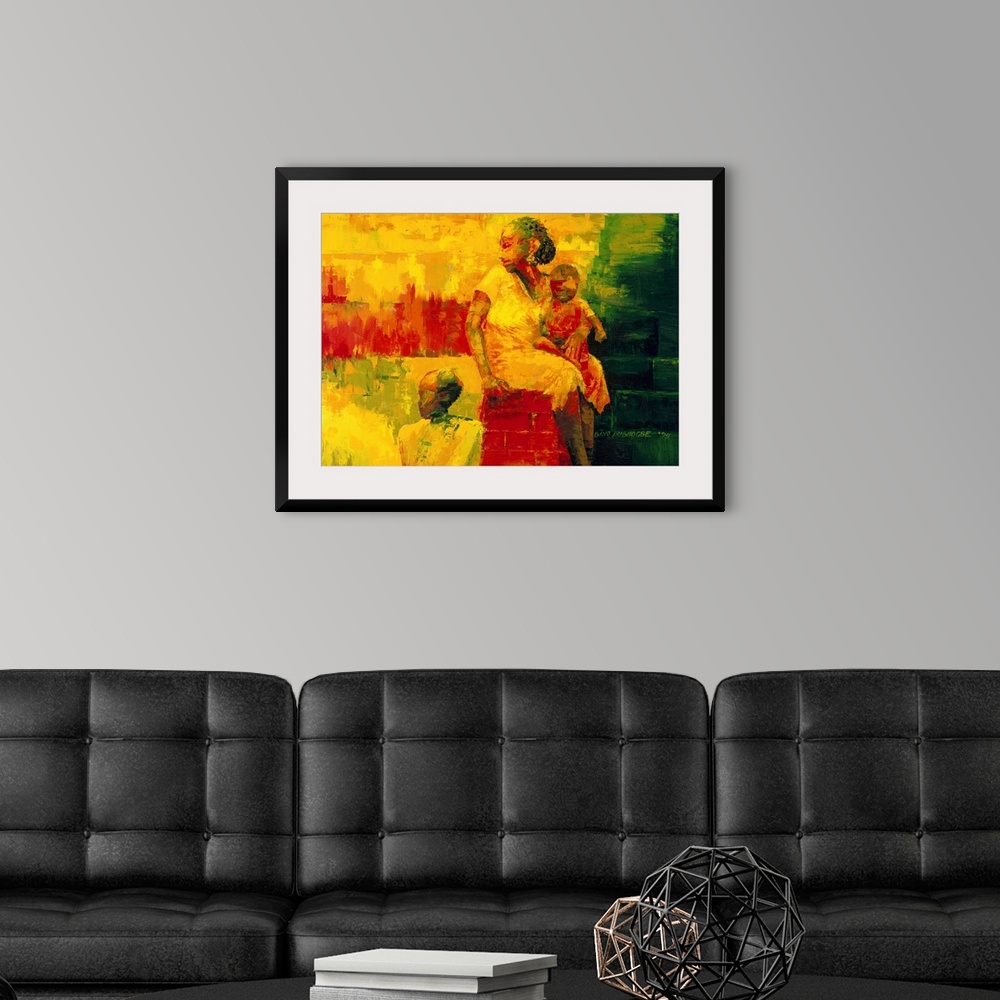 A modern room featuring Contemporary African American artwork created with abstract paint application of a woman and two ...