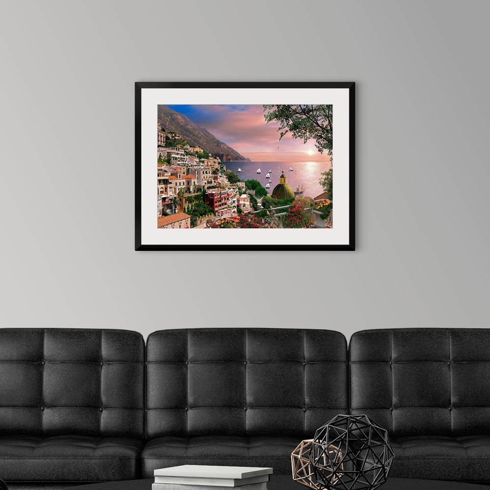 A modern room featuring Photograph of village commune off the Amalfi Coast in Campania, Italy overlooking an ocean sunset...
