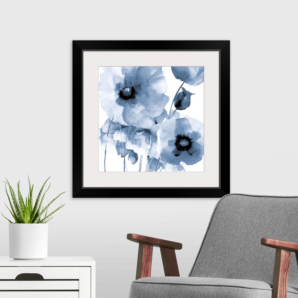A modern room featuring Contemporary watercolor painting of pale blue flowers with broad petals.