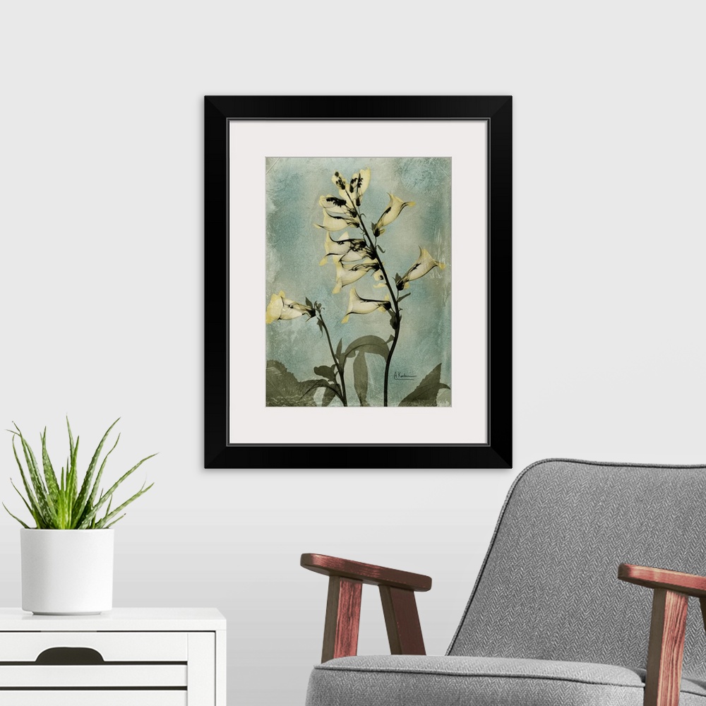 A modern room featuring Vertical x-ray photograph of golden foxglove flowers. Against a cool tone background.