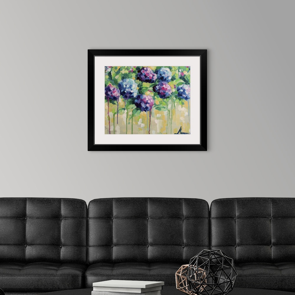 A modern room featuring Contemporary paining of colorful hydrangea flowers against a pale yellow background.