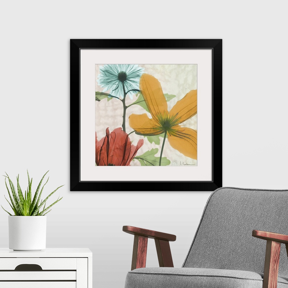 A modern room featuring Square x-ray photograph of a group of flowers, against an earth toned background.
