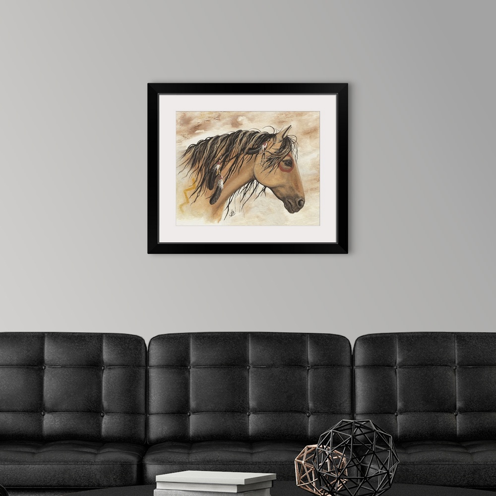 A modern room featuring Majestic Series of Native American inspired horse paintings of a buckskin mustang.