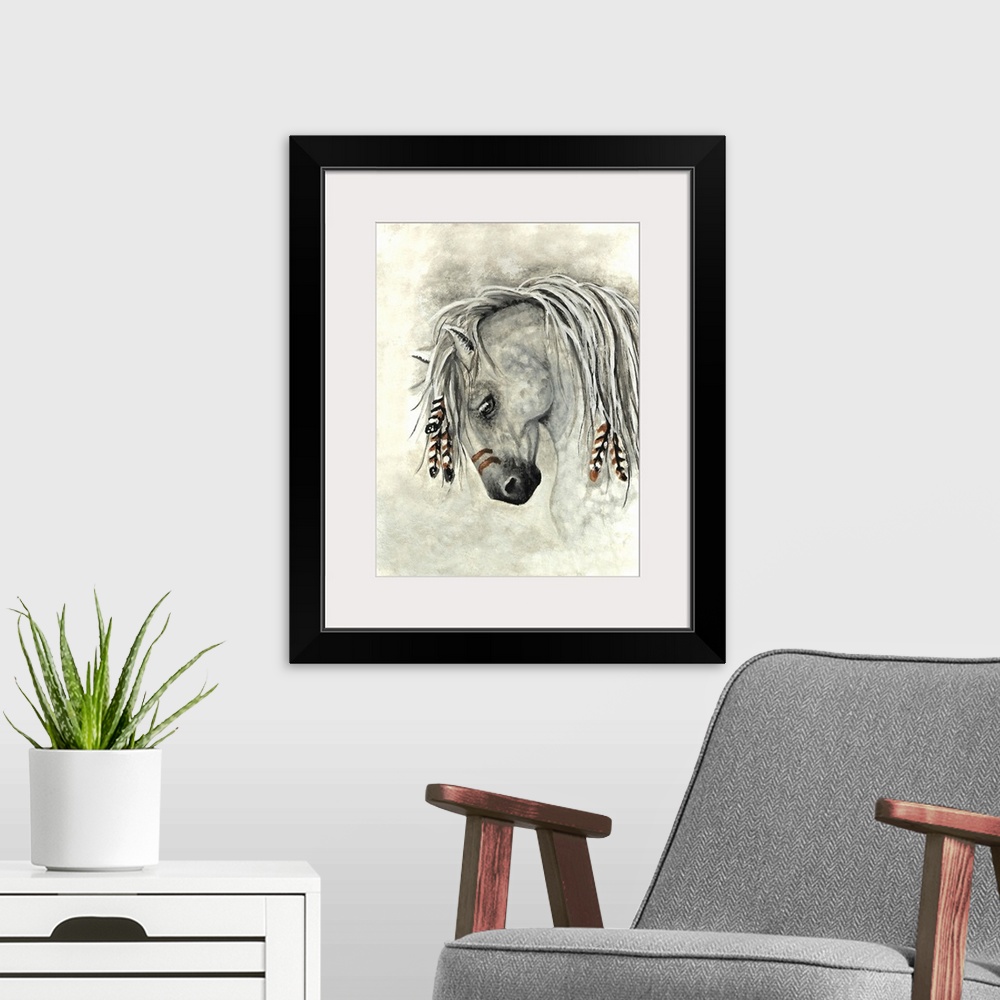 A modern room featuring Majestic Series of Native American inspired horse paintings of a Dapple Grey horse.