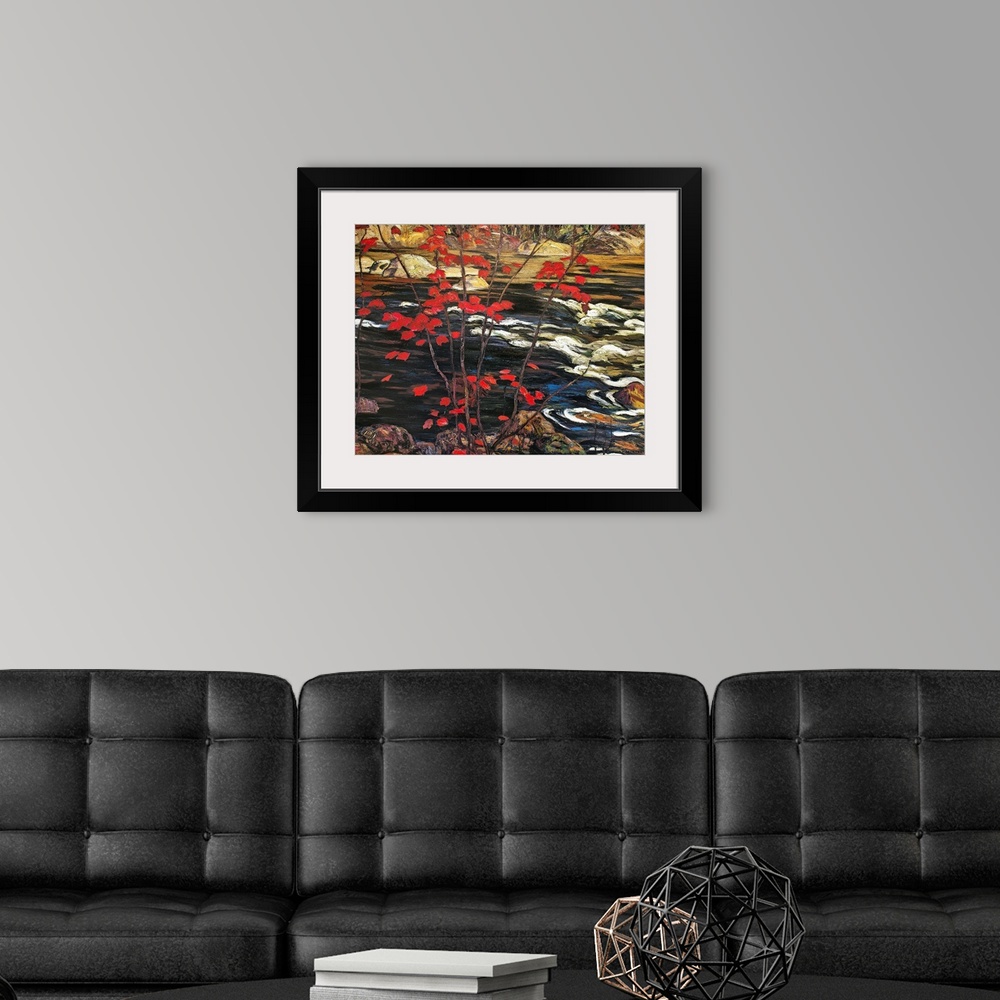 A modern room featuring Painting of brightly colored fall leaves with a river running over rocks and a forest in the dist...
