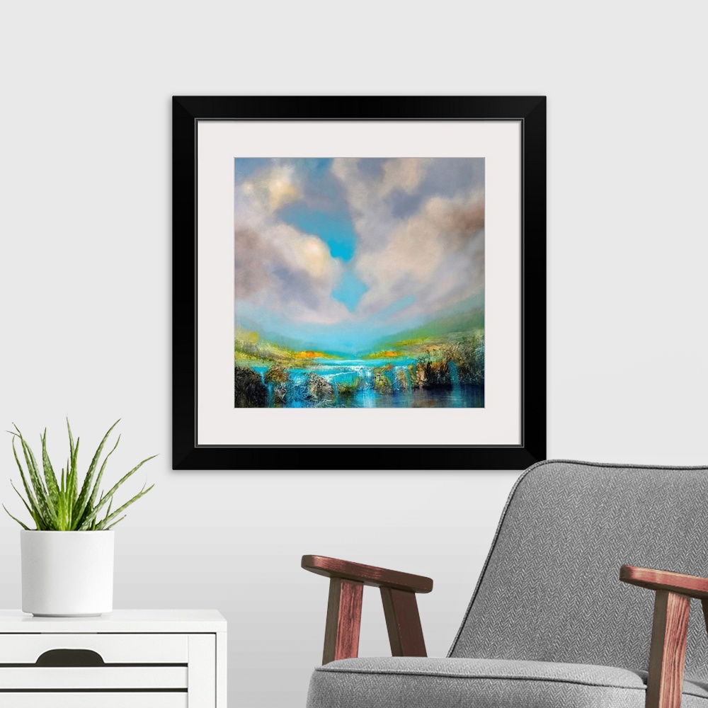 A modern room featuring Abstract painted landscape with vivid structures. Wide horizon, clouds, bright light, a river wit...