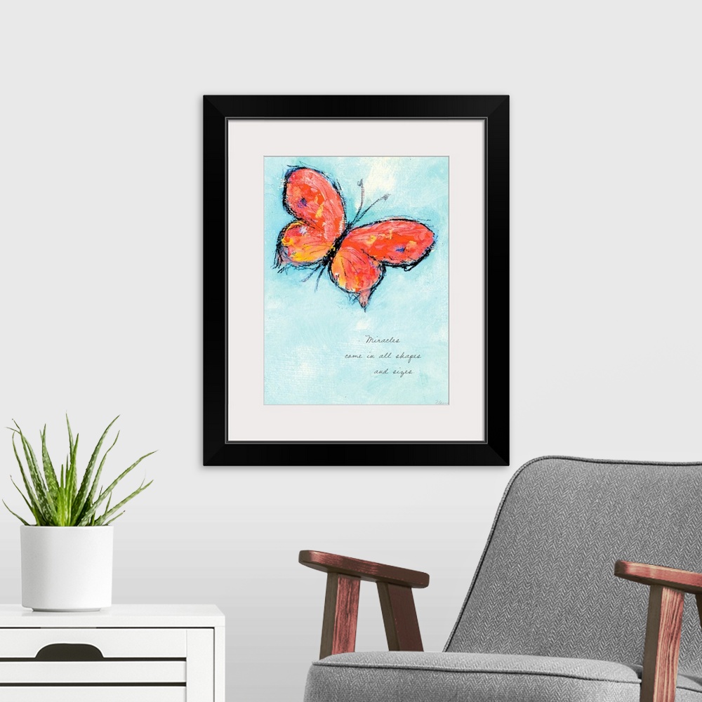 A modern room featuring Decorative artwork perfect for a home of a drawn butterfly over a pale blue sky. It contains an i...