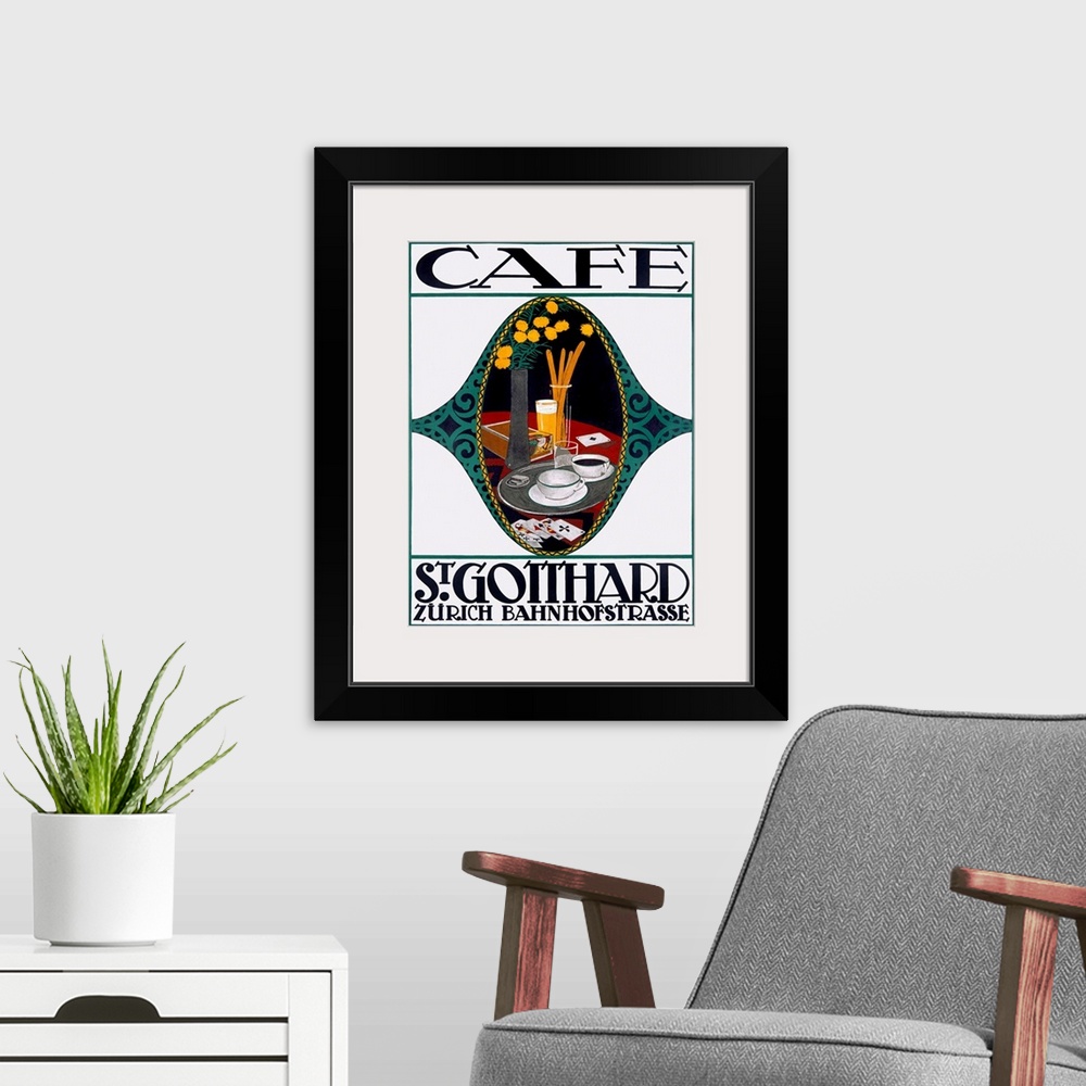A modern room featuring Cafe, St. Gotthard, Vintage Poster, by Otto Baumberger