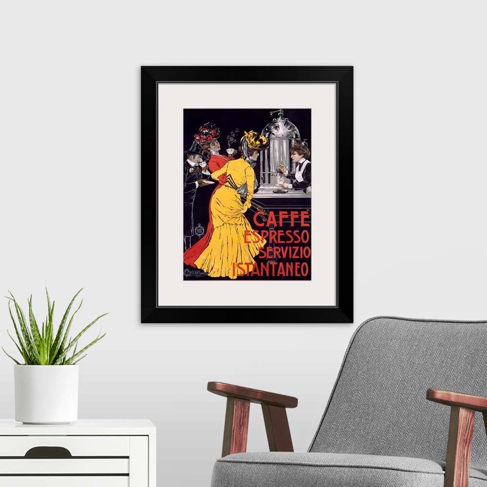 A modern room featuring Classic advertisement for Caffe Espresso Servizio Instantaneo featuring two elegant ladies and a ...