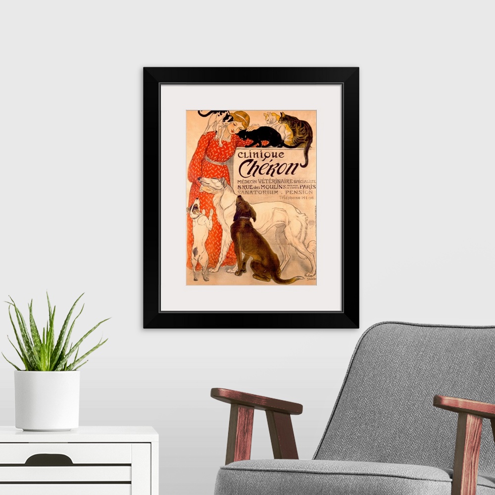 A modern room featuring Vintage artwork that shows a woman in a red dress being loved on by both cats and dogs.