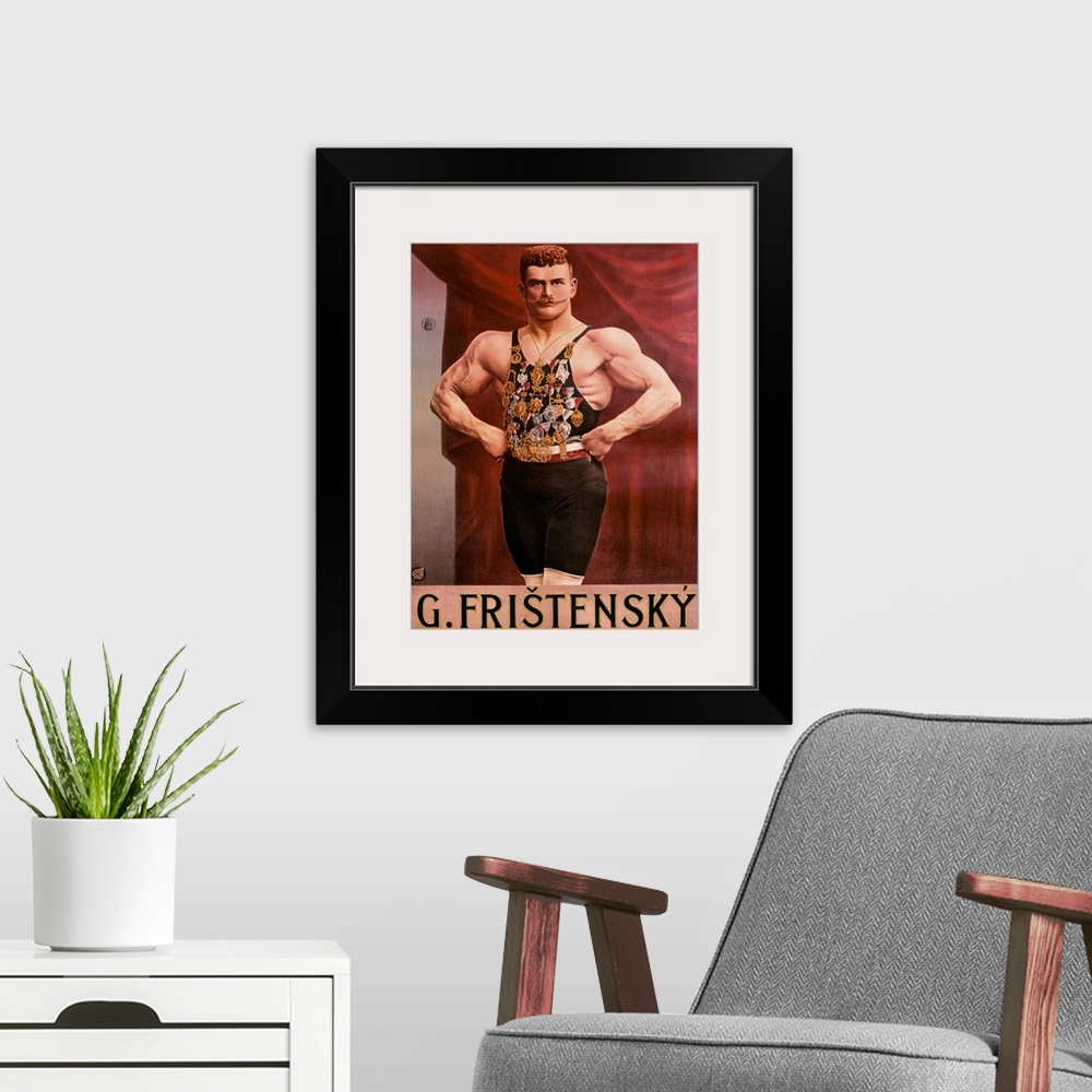 A modern room featuring Fristensky, Strong Man, Vintage Poster