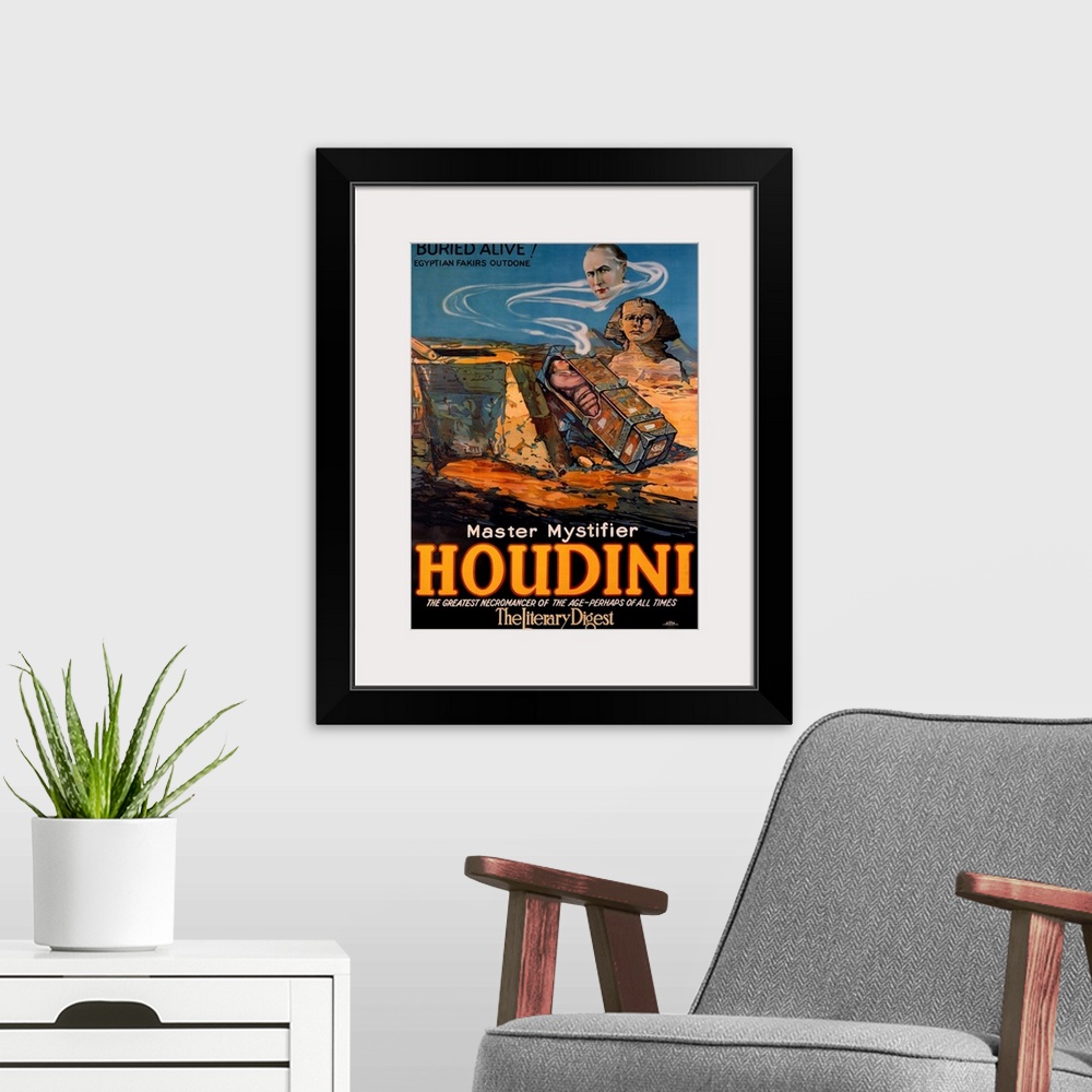A modern room featuring Houdini, Buried Alive, the Literary Digest, Vintage Poster