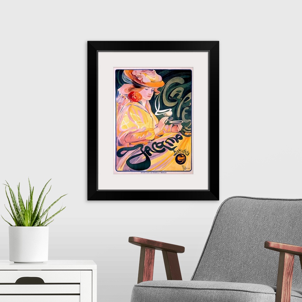 A modern room featuring This vertical Art Nouveau advertisement with flowing hand drawn type shows a woman in an elaborat...