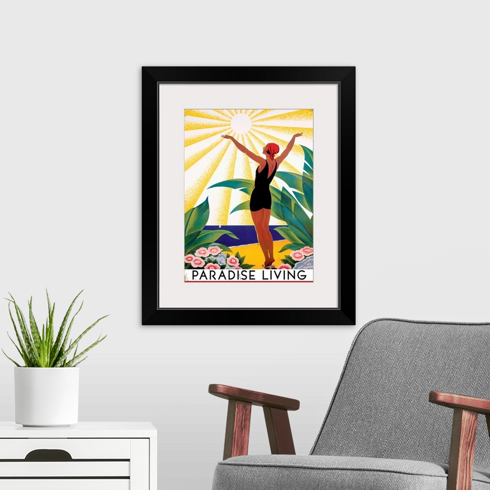 A modern room featuring Paradise Living Vintage Advertising Poster