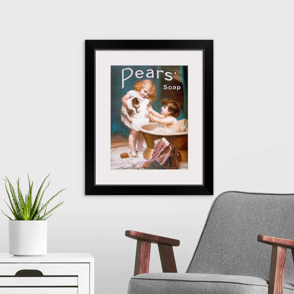 A modern room featuring Pears Soap Childrens Puppy Vintage Advertising Poster