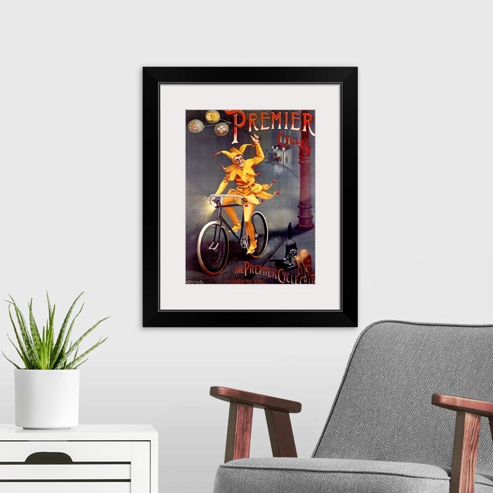 A modern room featuring Big canvas painting of a jester riding a bike on a dark street looking at two cats that are about...