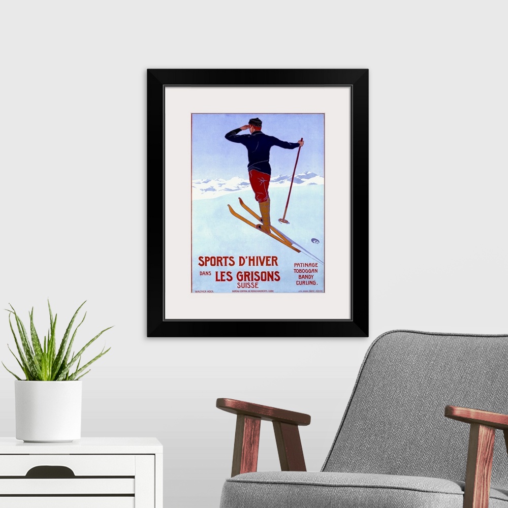 A modern room featuring Sports dHiver dans les Grisons, Vintage Poster, by Walter Koch